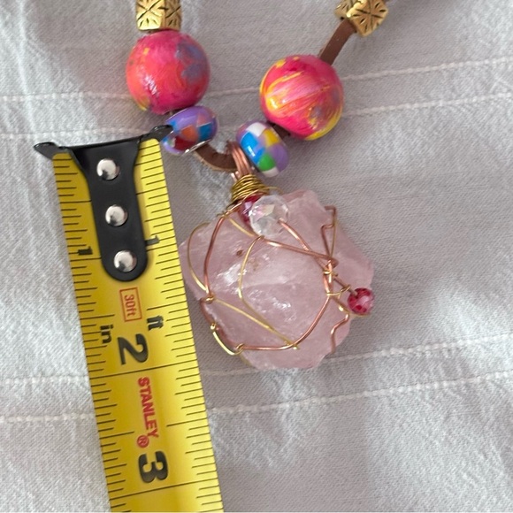 Pink Quartz Crystal Wire Wrapped Stone Pendant Necklace Handmade Leather Cord - Picture 8 of 12